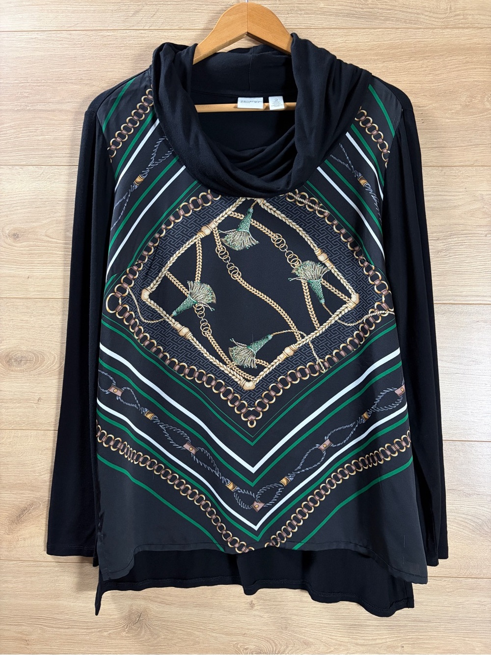 Chico’s Black Chain-Print Cowl Neck Long-Sleeve Top